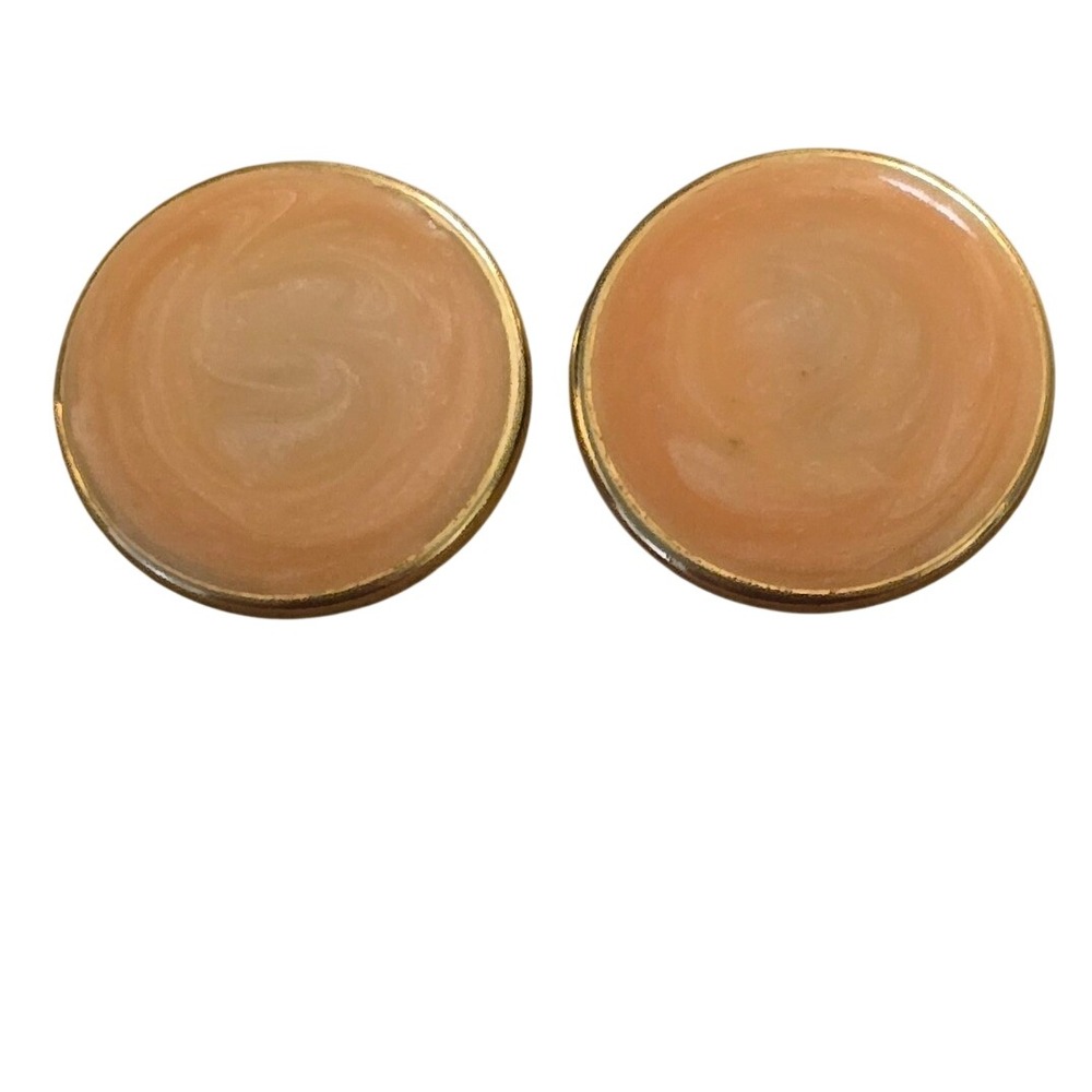 Vintage 80s Peach Swirl Faux Marble Gold Tone Round Button Stud Earrings